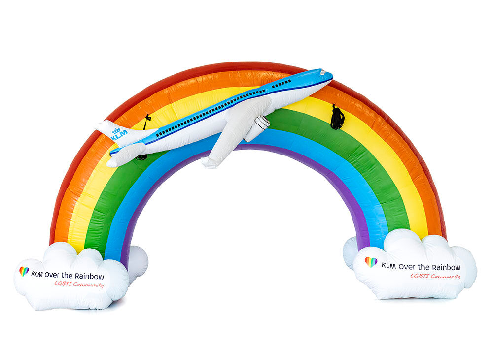 Buy a custom made rainbow inflatable advertisement arch with 3D airplane at JB Promotions UK. Request a free design for an promotional inflatable arch in your own style now